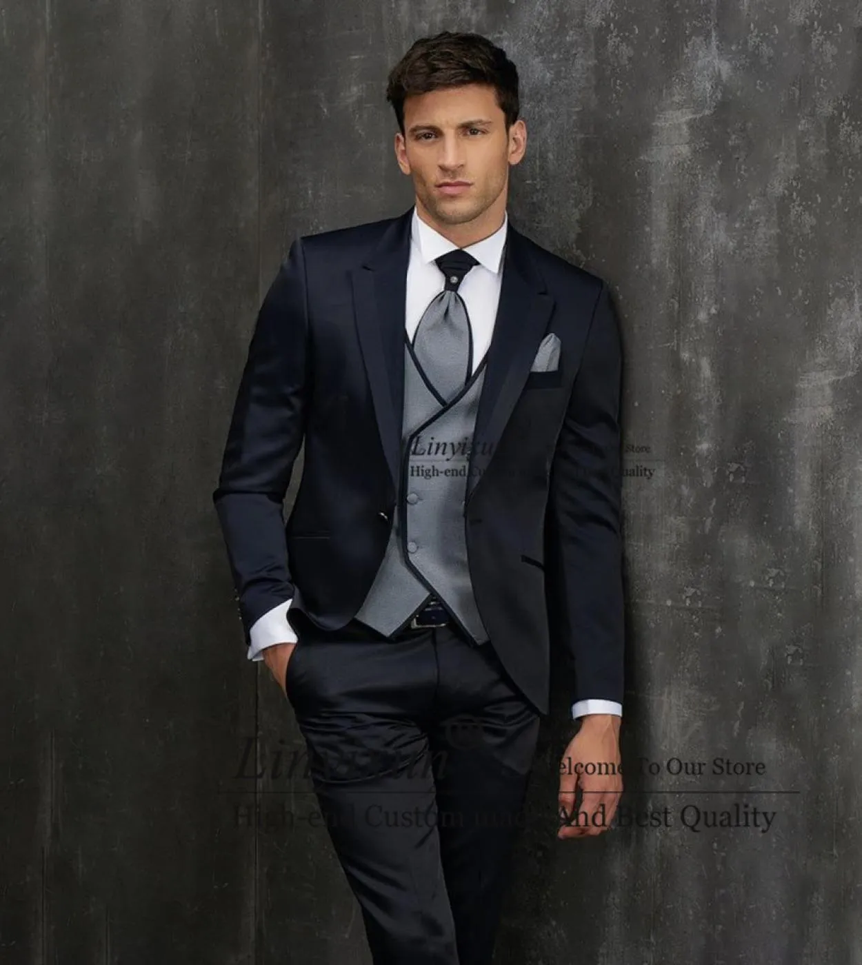 Moda Nero Abiti da Uomo Slim Fit Smoking da Sposo da Sposa Banchetto Blazer 3 Pezzi Giacca da Lavoro Gilet Pantaloni Set Costume