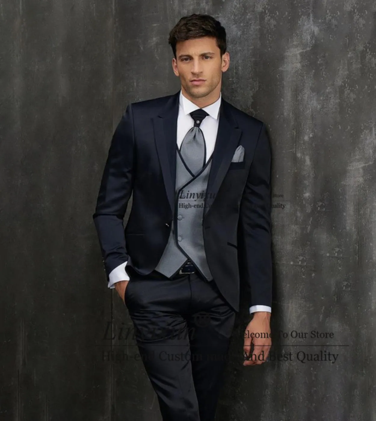 Moda Nero Abiti da Uomo Slim Fit Smoking da Sposo da Sposa Banchetto Blazer 3 Pezzi Giacca da Lavoro Gilet Pantaloni Set Costume