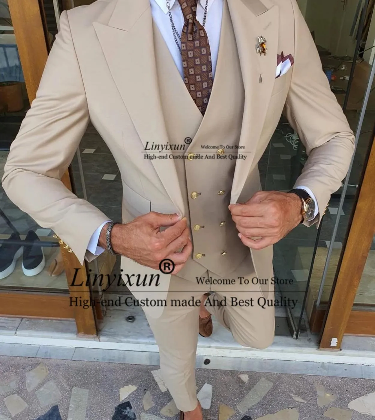 Moda uomo abiti kaki abbigliamento da lavoro formale business blazer maschile 3 pezzi giacca gilet pantaloni set costume da smok