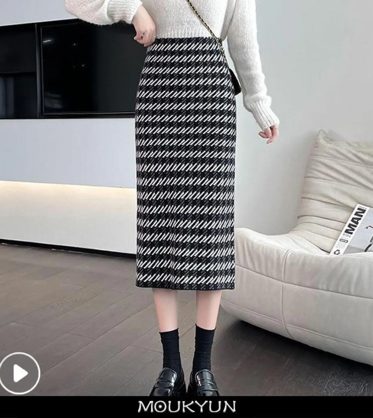 Moukyun gonna lunga lavorata a maglia jacquard donna autunno moda vita alta gonne sottili inverno donna aderente gonne a tubino