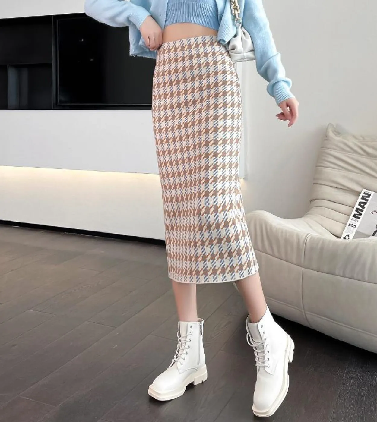 Moukyun gonna lunga lavorata a maglia jacquard donna autunno moda vita alta gonne sottili inverno donna aderente gonne a tubino