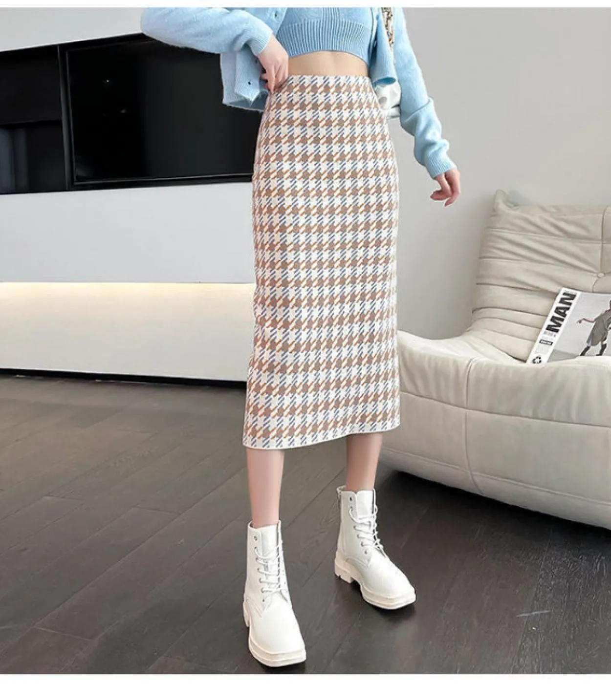 Moukyun gonna lunga lavorata a maglia jacquard donna autunno moda vita alta gonne sottili inverno donna aderente gonne a tubino