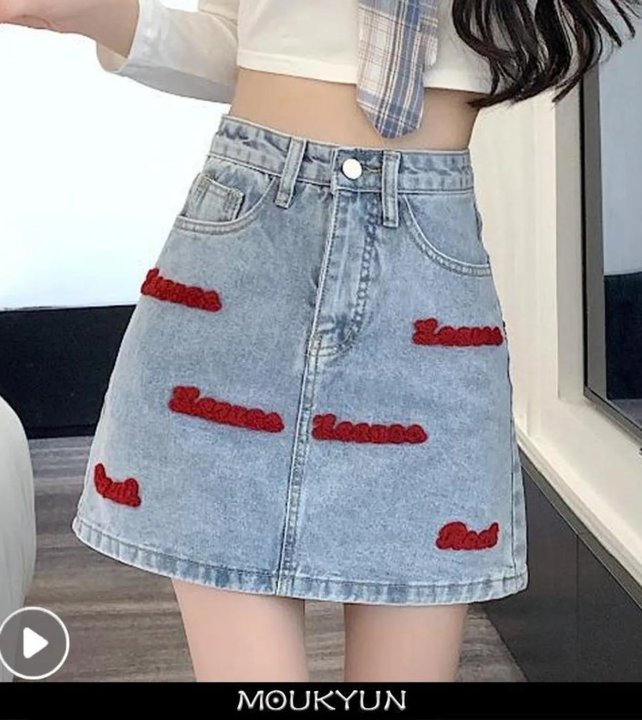 Moukyun Streetwear Lettera Ricamo Gonna di Jeans Blu Gonna Donna Vita Alta  Gonna da Donna Casual Moda Larga Dritta