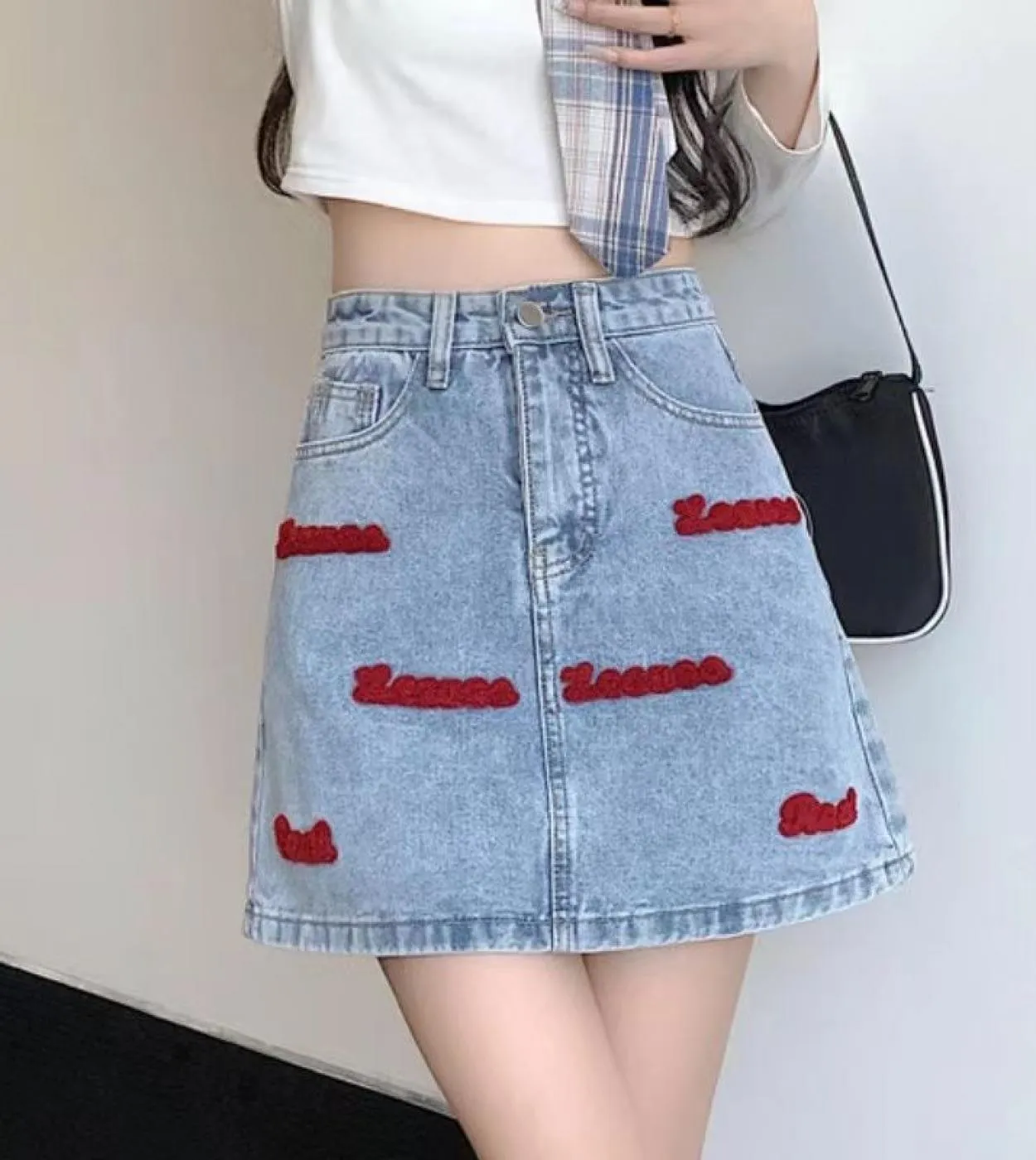 Moukyun Streetwear Lettera Ricamo Gonna di Jeans Blu Gonna Donna Vita Alta  Gonna da Donna Casual Moda Larga Dritta