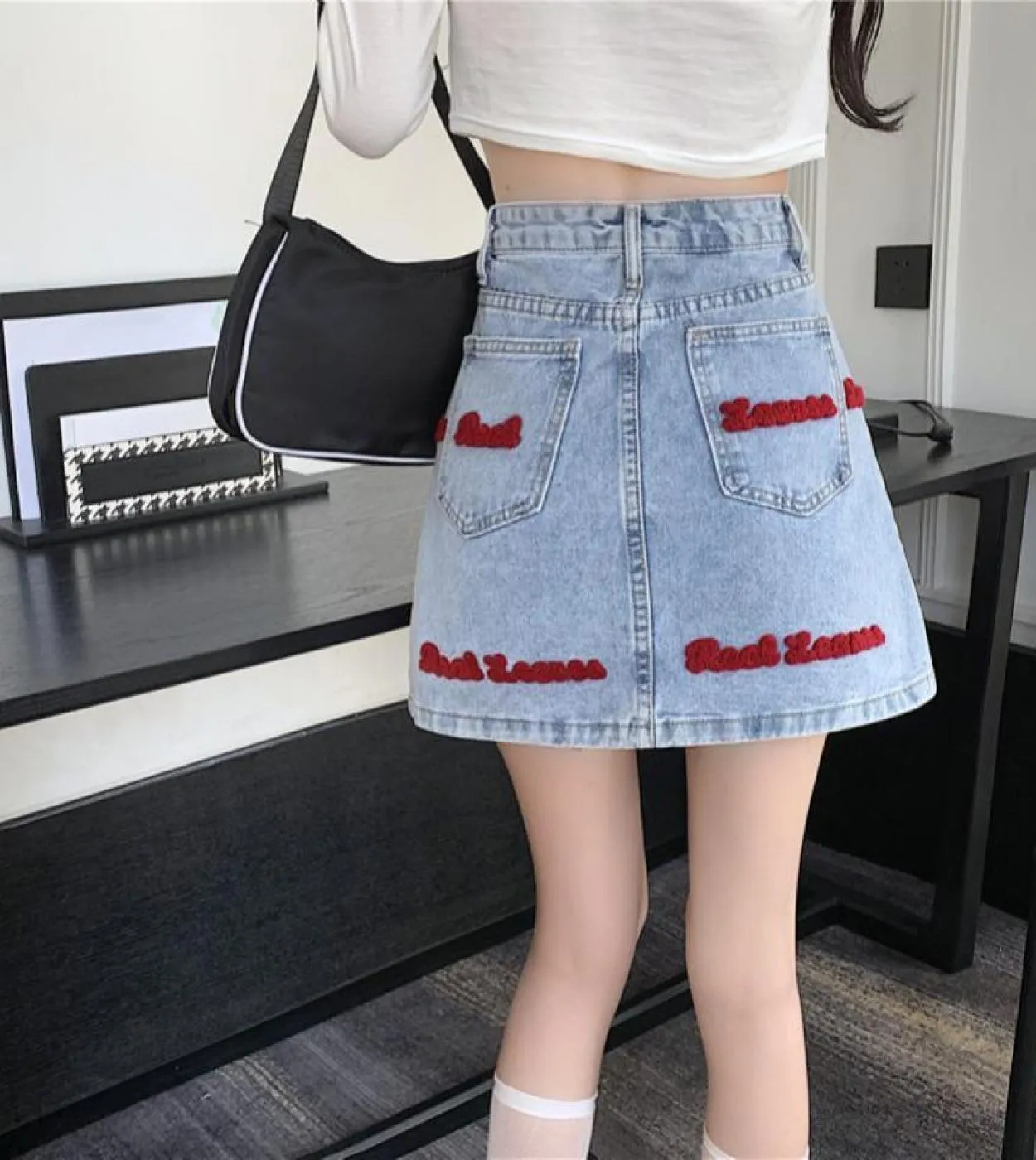 Moukyun Streetwear Lettera Ricamo Gonna di Jeans Blu Gonna Donna Vita Alta  Gonna da Donna Casual Moda Larga Dritta