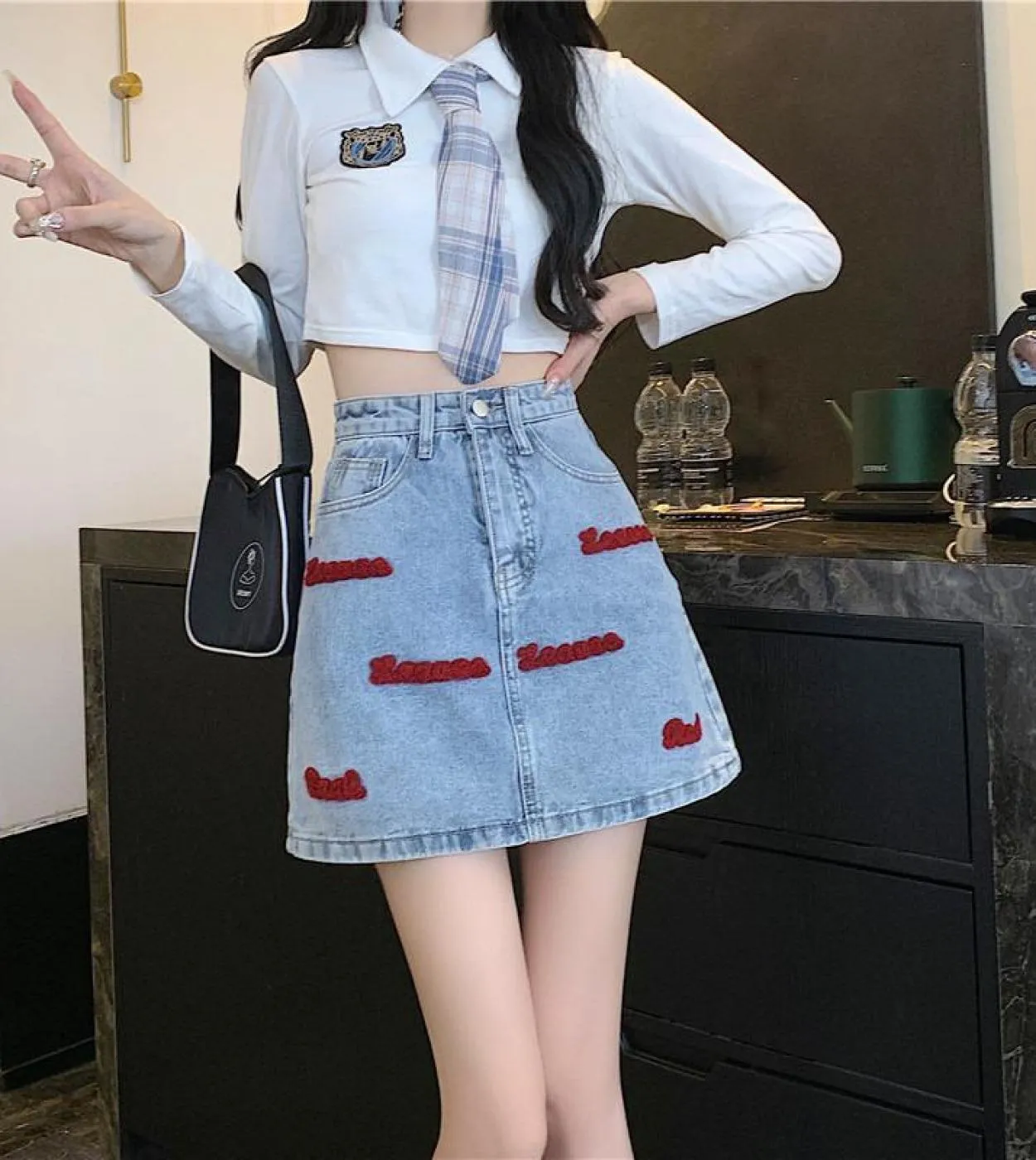 Moukyun Streetwear Lettera Ricamo Gonna di Jeans Blu Gonna Donna Vita Alta  Gonna da Donna Casual Moda Larga Dritta