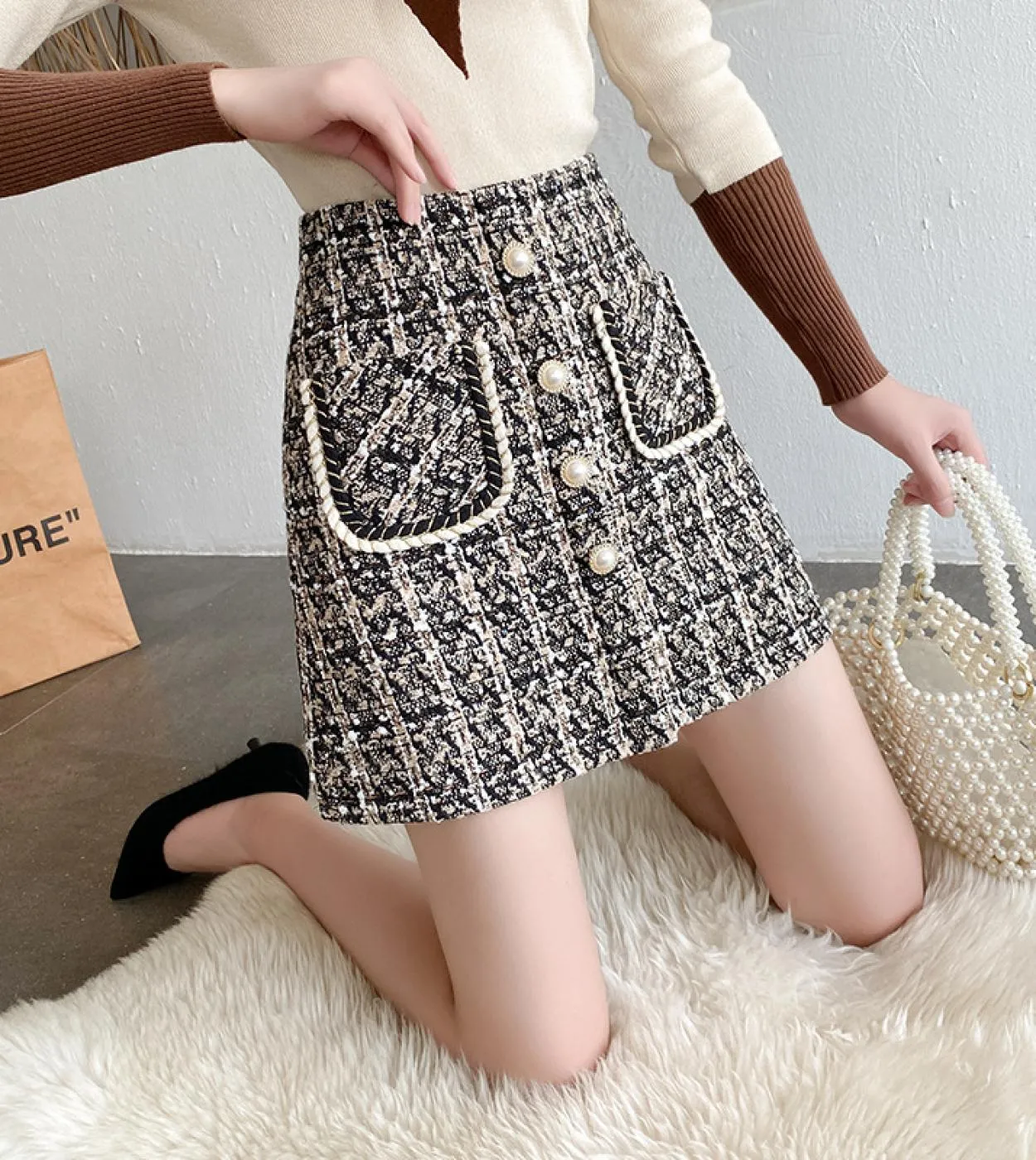 Nuova gonna elegante retrò donna 2023 autunno inverno vita alta borsa di lana anca gonna linea temperamento gonna femminile