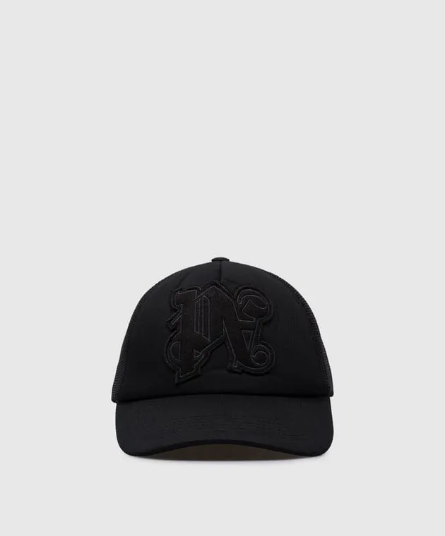 Palm Angels Berretto nero con patch monogramma logo PMLB105F24FAB001