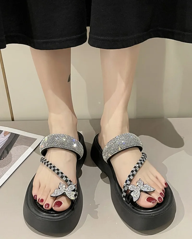 Pantofole da donna con plateau Sandali con fiocco alla moda in cristallo 2022 New Summer Clip Toe Scarpe da spiaggia Ciabatte ca
