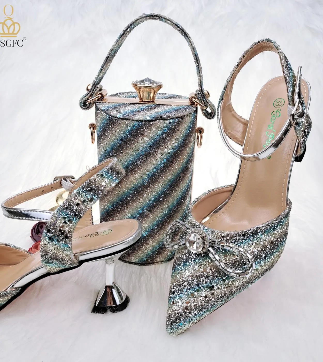 Qsgfc 2022 ultimo colore blu strisce colorate paillettes elegante punta a punta scarpe da donna borsa set pompe