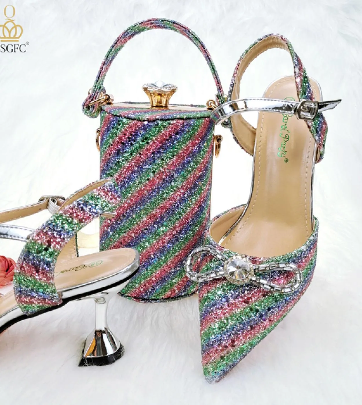 Qsgfc 2022 ultimo colore blu strisce colorate paillettes elegante punta a punta scarpe da donna borsa set pompe