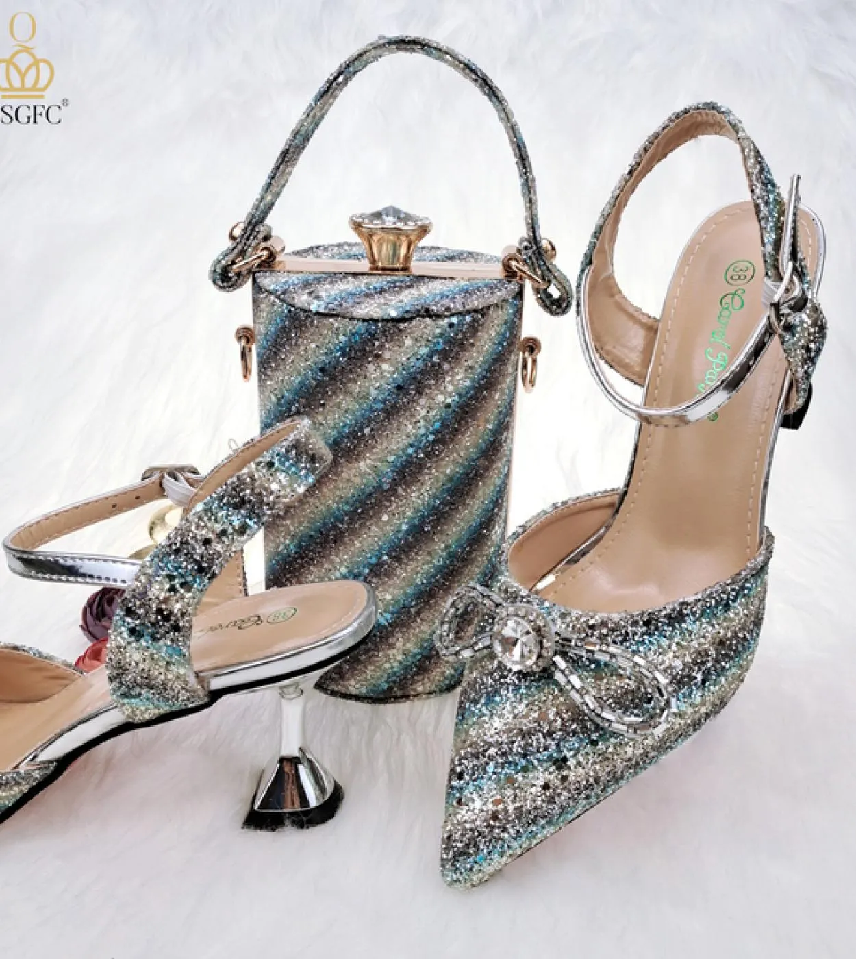 Qsgfc 2022 ultimo colore blu strisce colorate paillettes elegante punta a punta scarpe da donna borsa set pompe