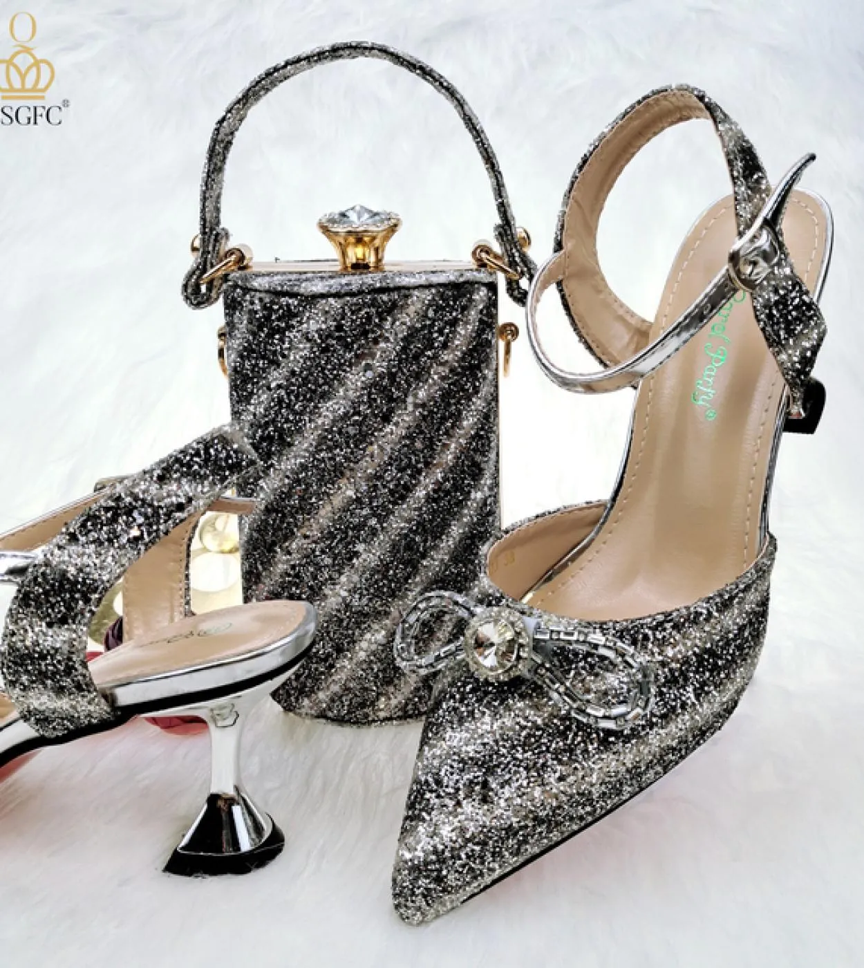 Qsgfc 2022 ultimo colore blu strisce colorate paillettes elegante punta a punta scarpe da donna borsa set pompe