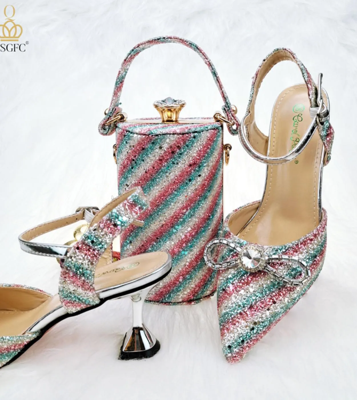 Qsgfc 2022 ultimo colore blu strisce colorate paillettes elegante punta a punta scarpe da donna borsa set pompe