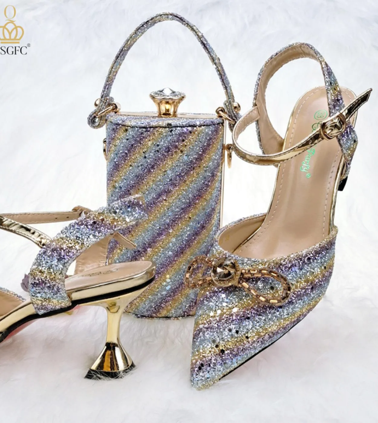 Qsgfc 2022 ultimo colore blu strisce colorate paillettes elegante punta a punta scarpe da donna borsa set pompe