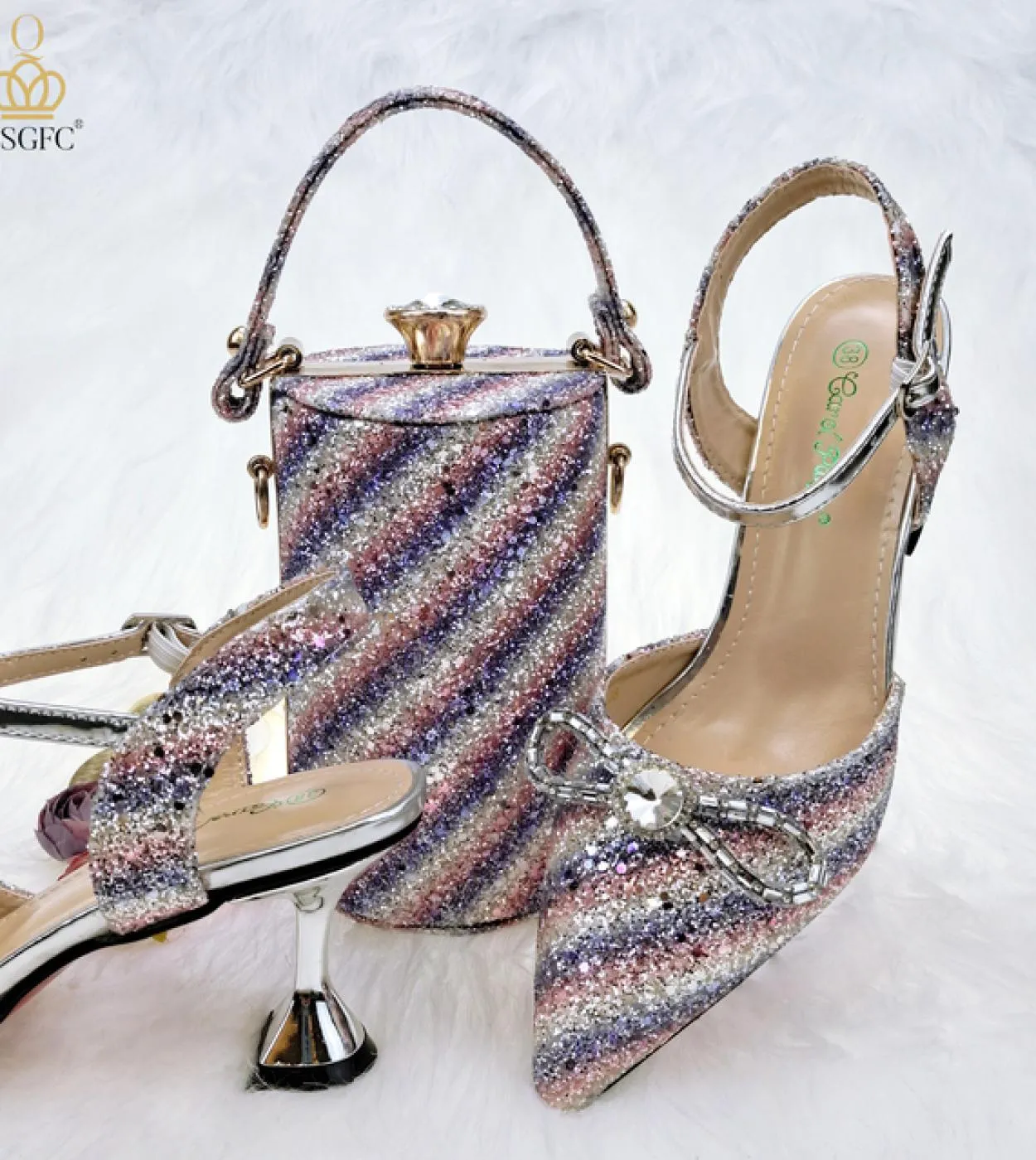 Qsgfc 2022 ultimo colore blu strisce colorate paillettes elegante punta a punta scarpe da donna borsa set pompe