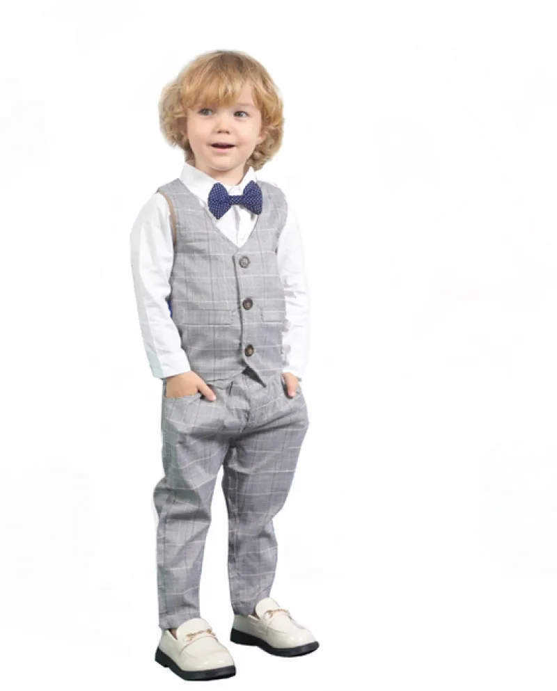 Ragazzi Set Formale Per Bambini Vestiti Per Bambini Autunno Camicia Bianca Gilet Pantaloni Fiocco 4 Pezzi Plaid Bambini Festa Di
