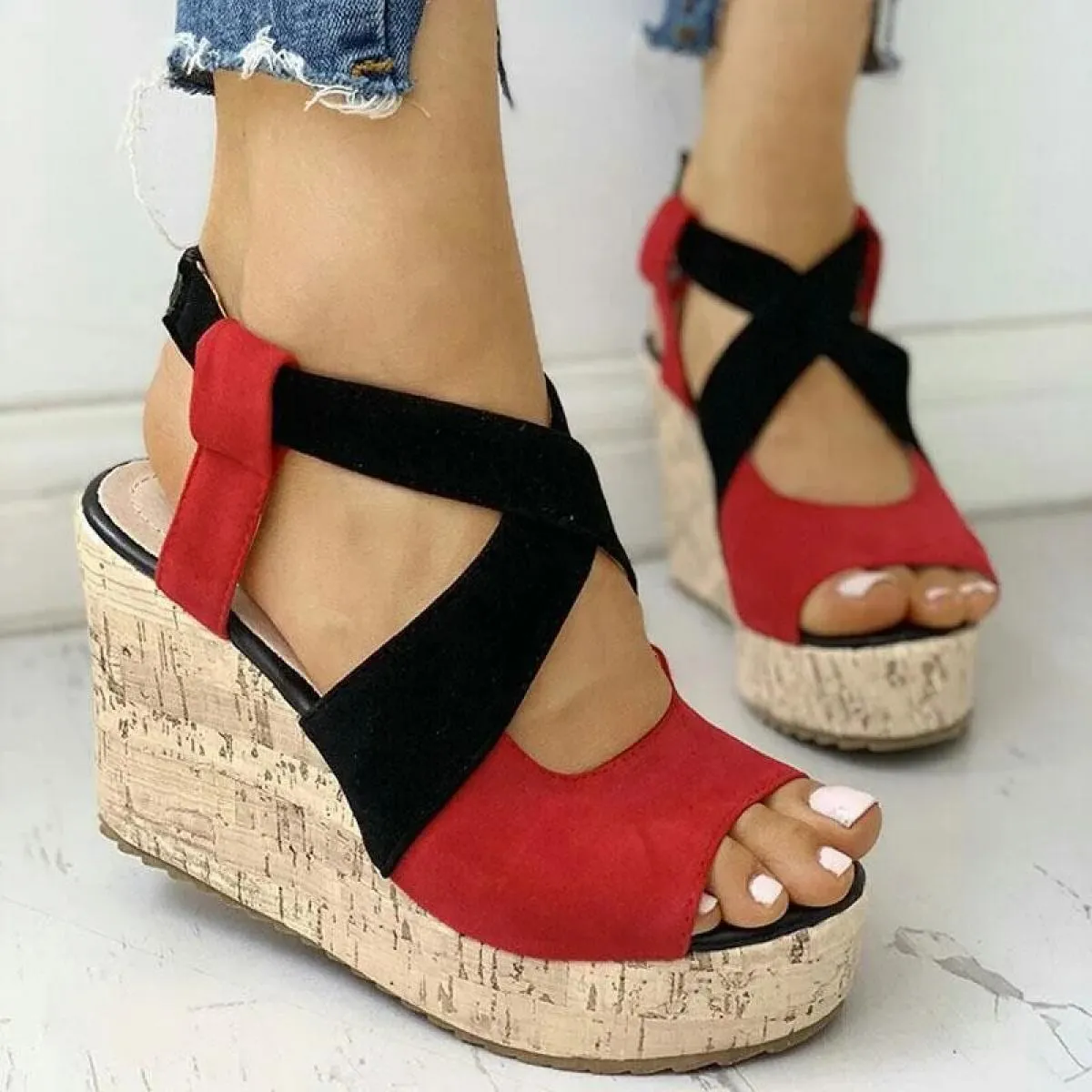 Sandali da donna Scarpe casual estive con plateau Color Block Zeppe alte Tacchi eleganti Laides Casual Cinturino con fibbia Chau