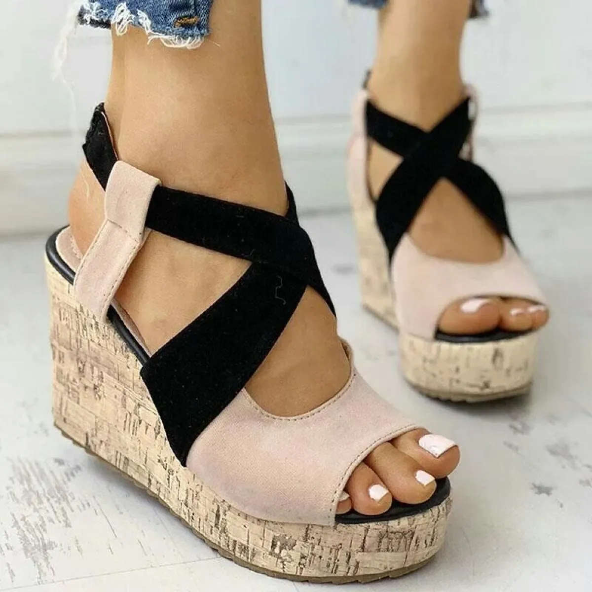 Sandali da donna Scarpe casual estive con plateau Color Block Zeppe alte Tacchi eleganti Laides Casual Cinturino con fibbia Chau