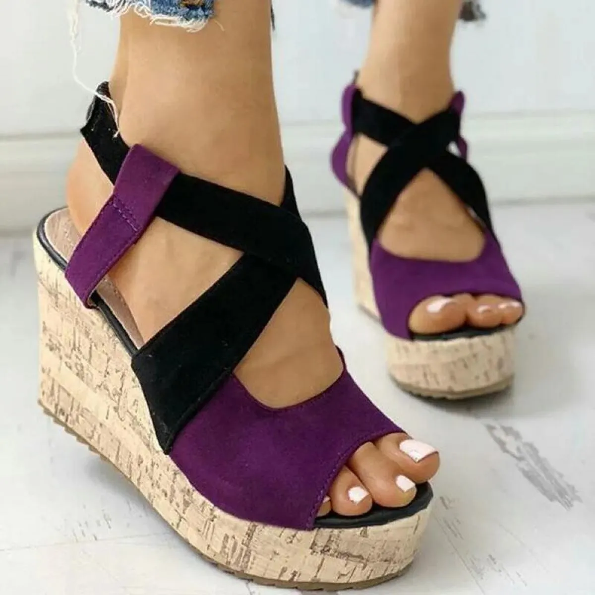 Sandali da donna Scarpe casual estive con plateau Color Block Zeppe alte Tacchi eleganti Laides Casual Cinturino con fibbia Chau
