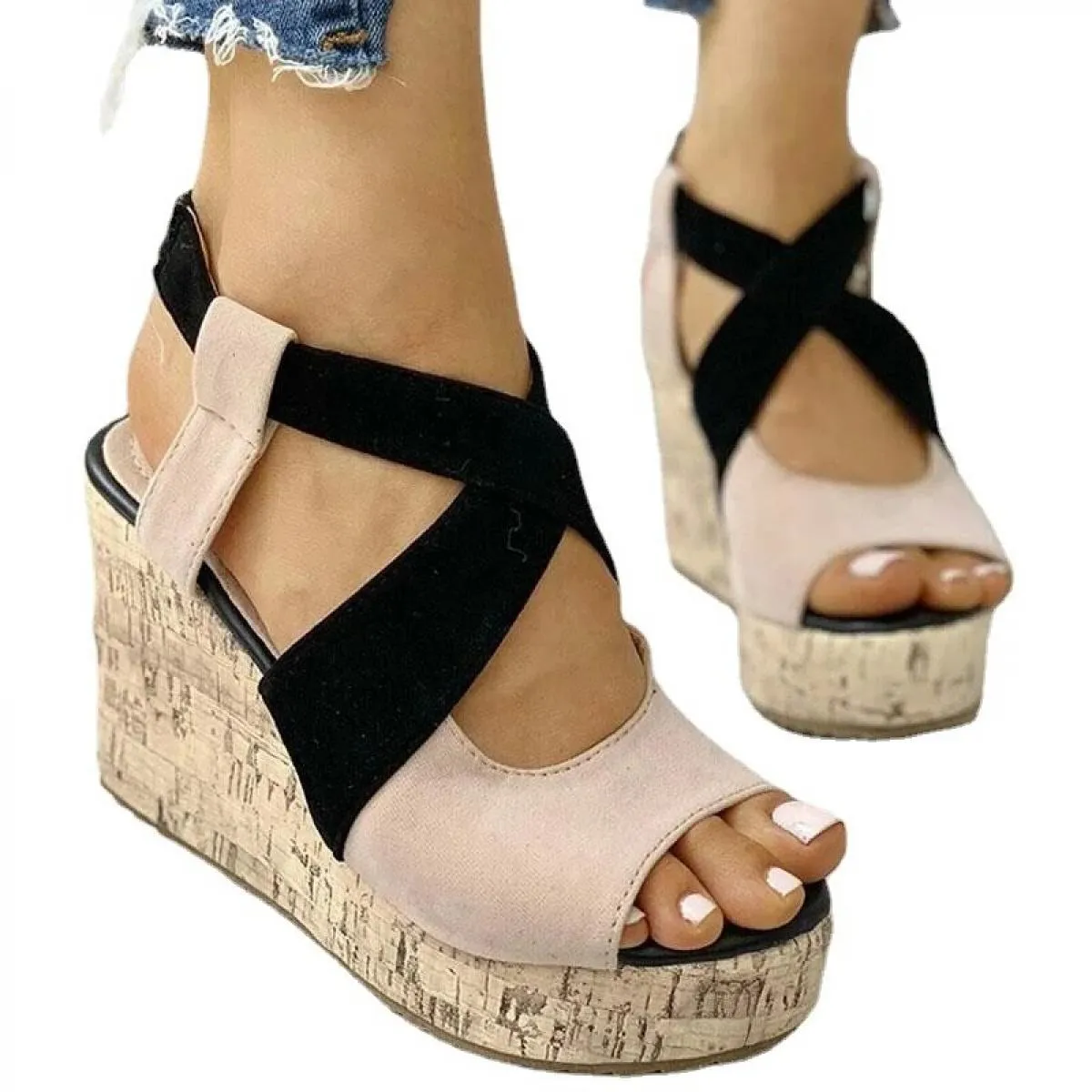 Sandali da donna Scarpe casual estive con plateau Color Block Zeppe alte Tacchi eleganti Laides Casual Cinturino con fibbia Chau