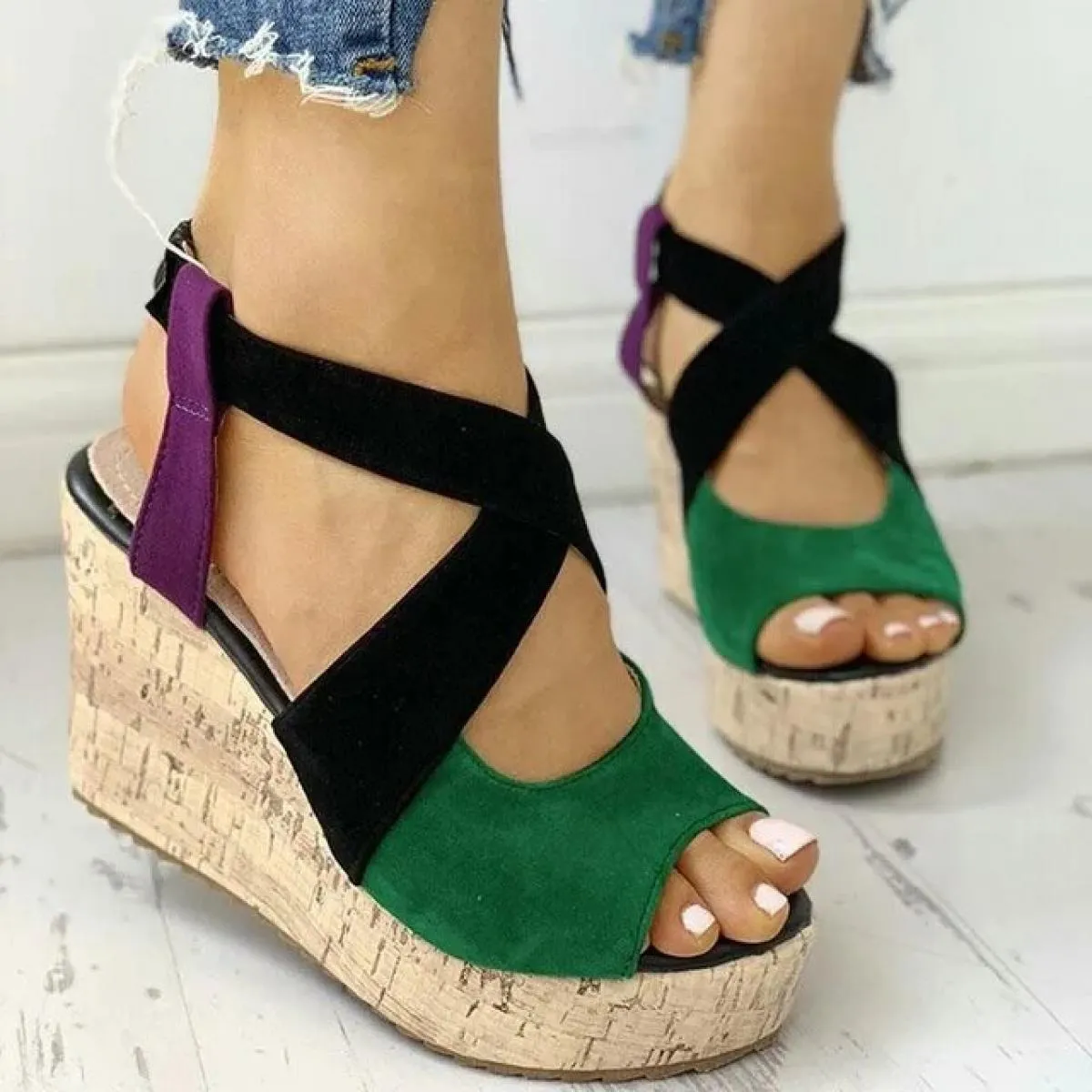 Sandali da donna Scarpe casual estive con plateau Color Block Zeppe alte Tacchi eleganti Laides Casual Cinturino con fibbia Chau