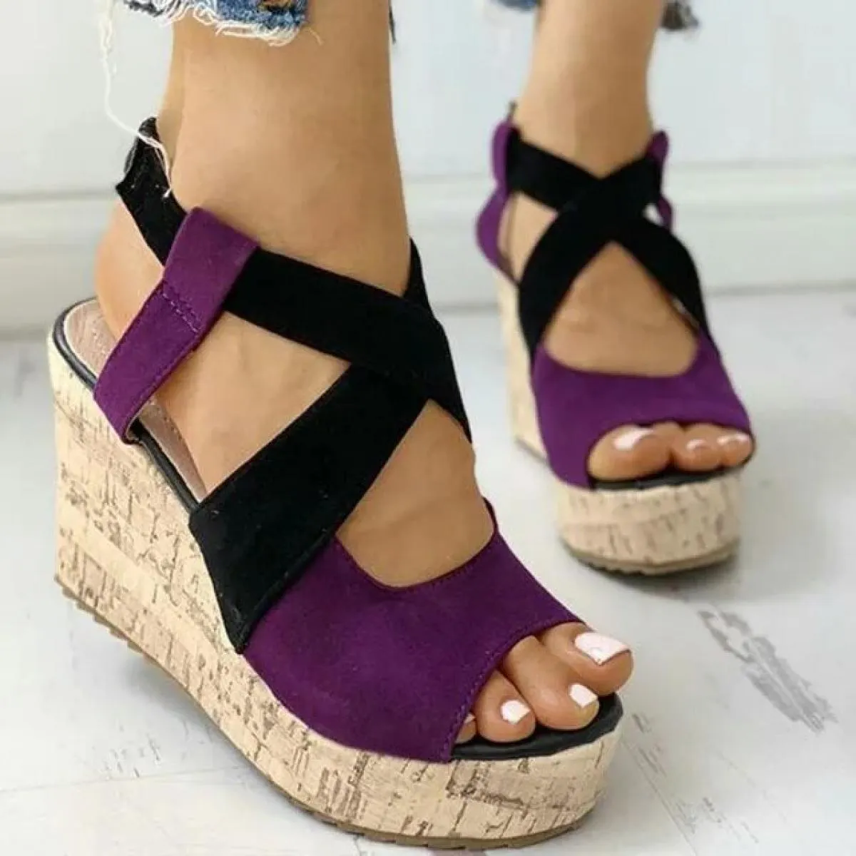 Sandali da donna Scarpe casual estive con plateau Color Block Zeppe alte Tacchi eleganti Laides Casual Cinturino con fibbia Chau