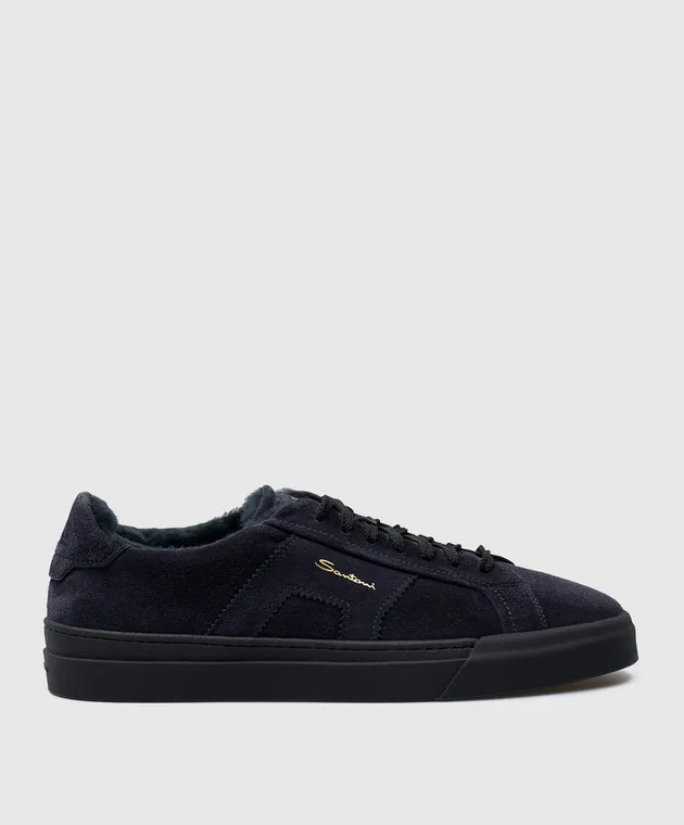 Santoni Sneakers in camoscio blu con pelliccia logata MBGT21870OCNPSEY