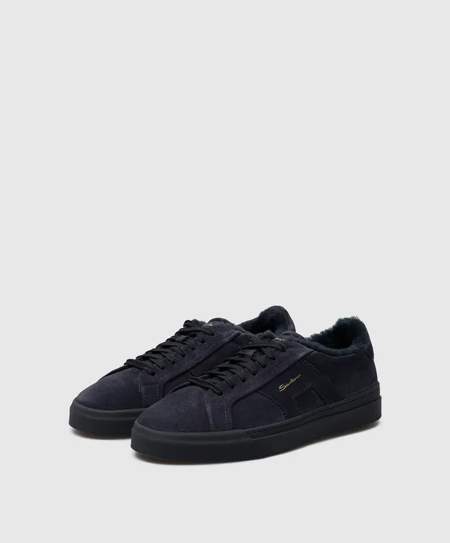 Santoni Sneakers in camoscio blu con pelliccia logata MBGT21870OCNPSEY