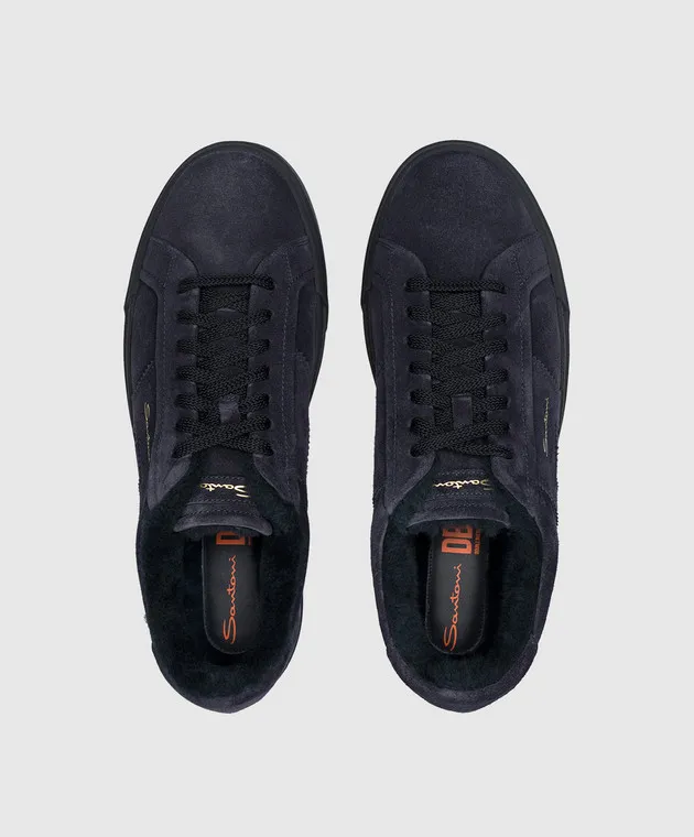 Santoni Sneakers in camoscio blu con pelliccia logata MBGT21870OCNPSEY