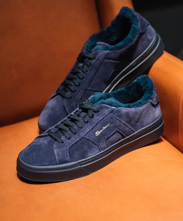 Santoni Sneakers in camoscio blu con pelliccia logata MBGT21870OCNPSEY