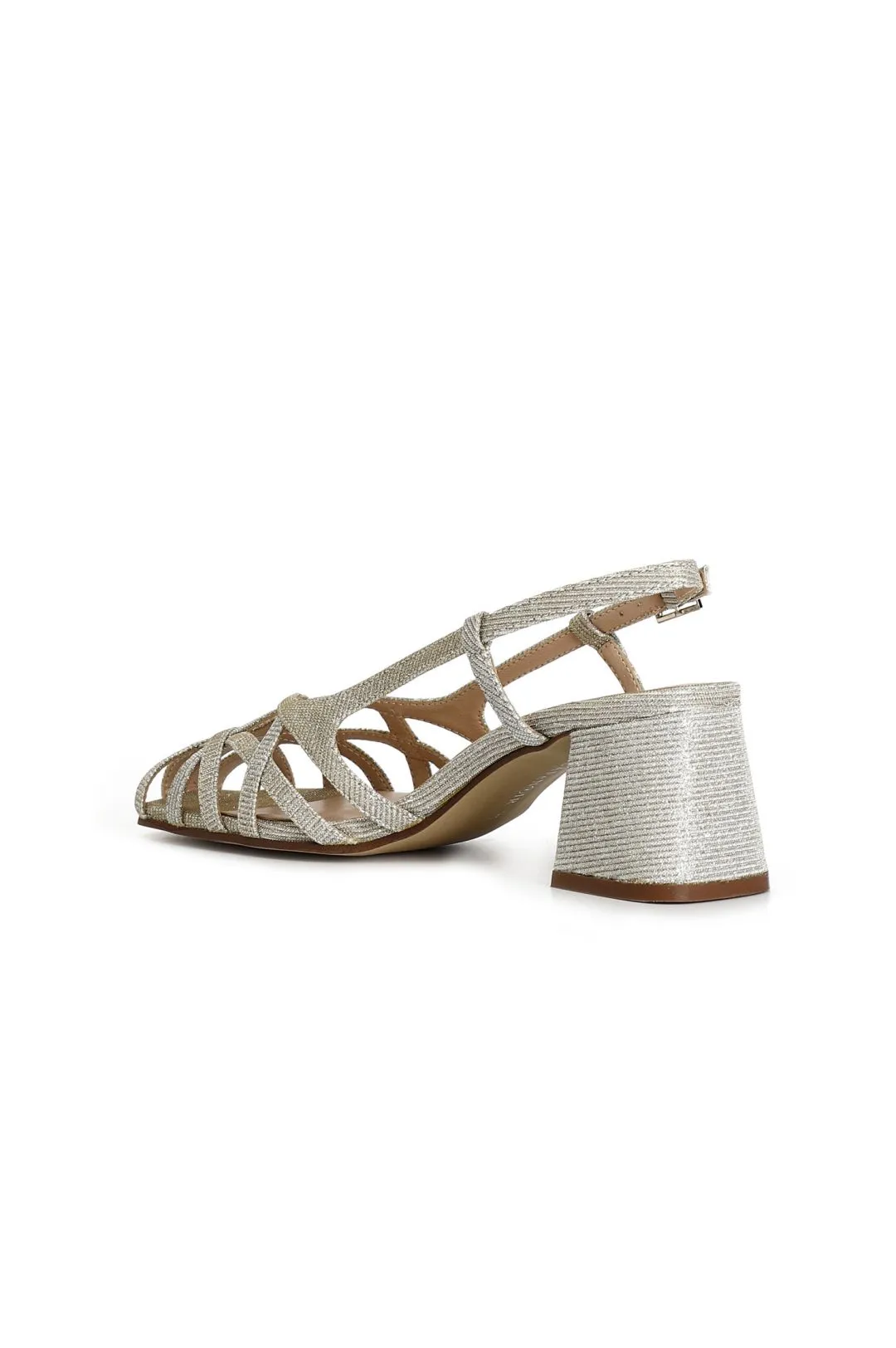 scarpe aperte in tessuto lurex con gabbia asimmetrica intrecciata platino