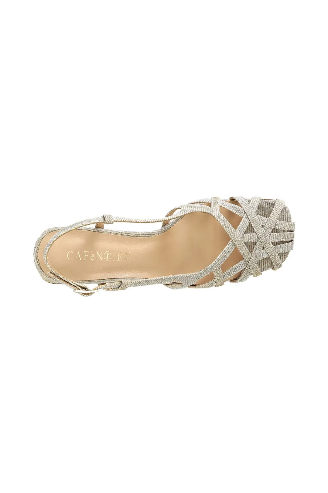scarpe aperte in tessuto lurex con gabbia asimmetrica intrecciata platino
