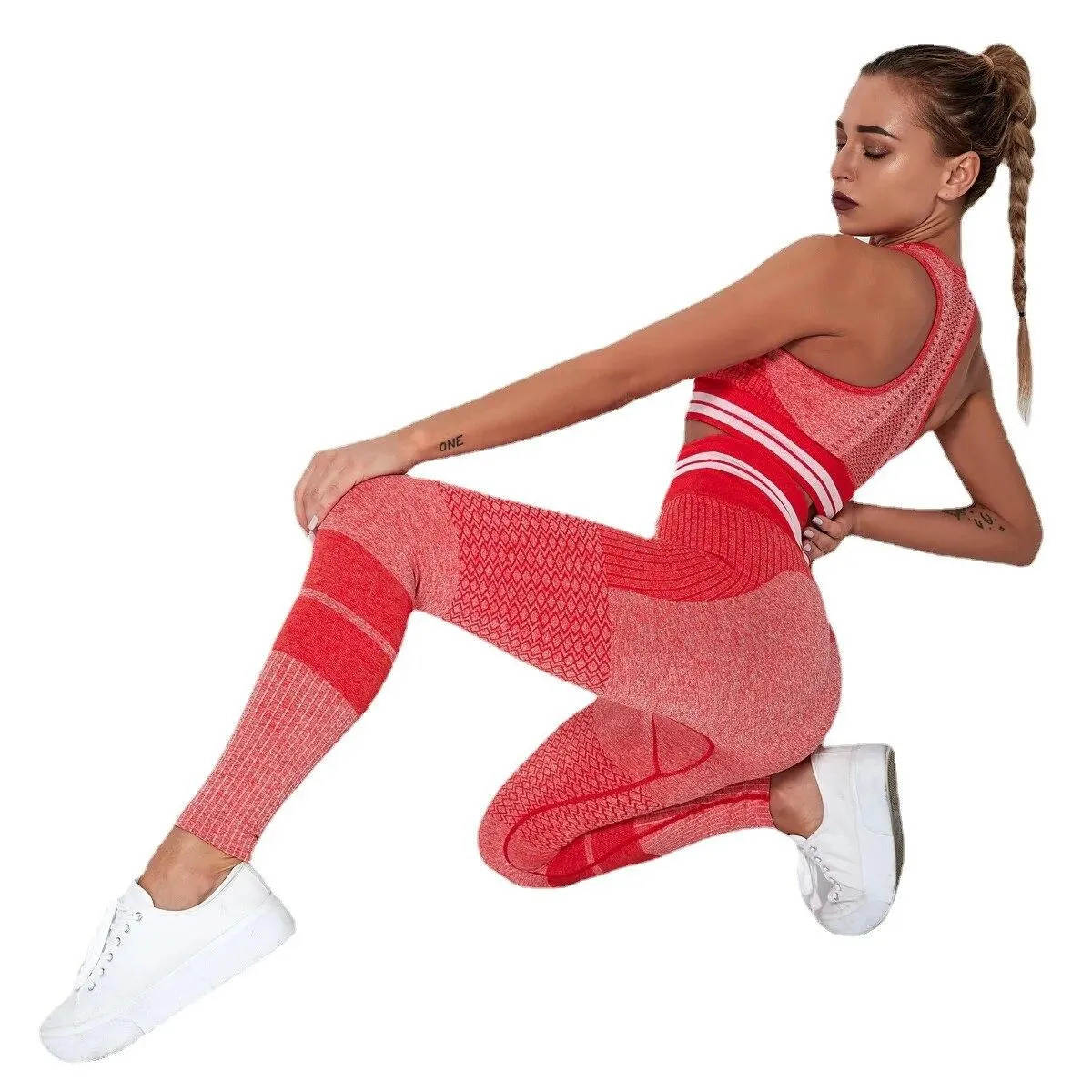 Set da yoga vuoti senza cuciture Pantaloni a vita alta color pesca Pantaloni sportivi Gilet fitness Abiti da allenamento Set leg