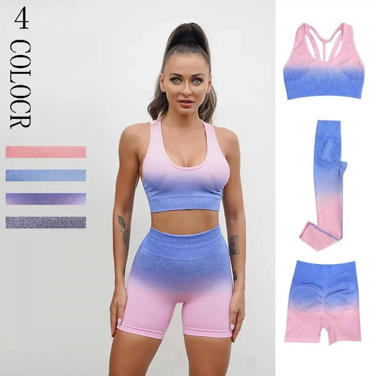 Set di yoga tinti in cravatta senza cuciture Sport Fitness Vita alta Pantaloni di sollevamento dell'anca Pantaloncini + gilet Ab