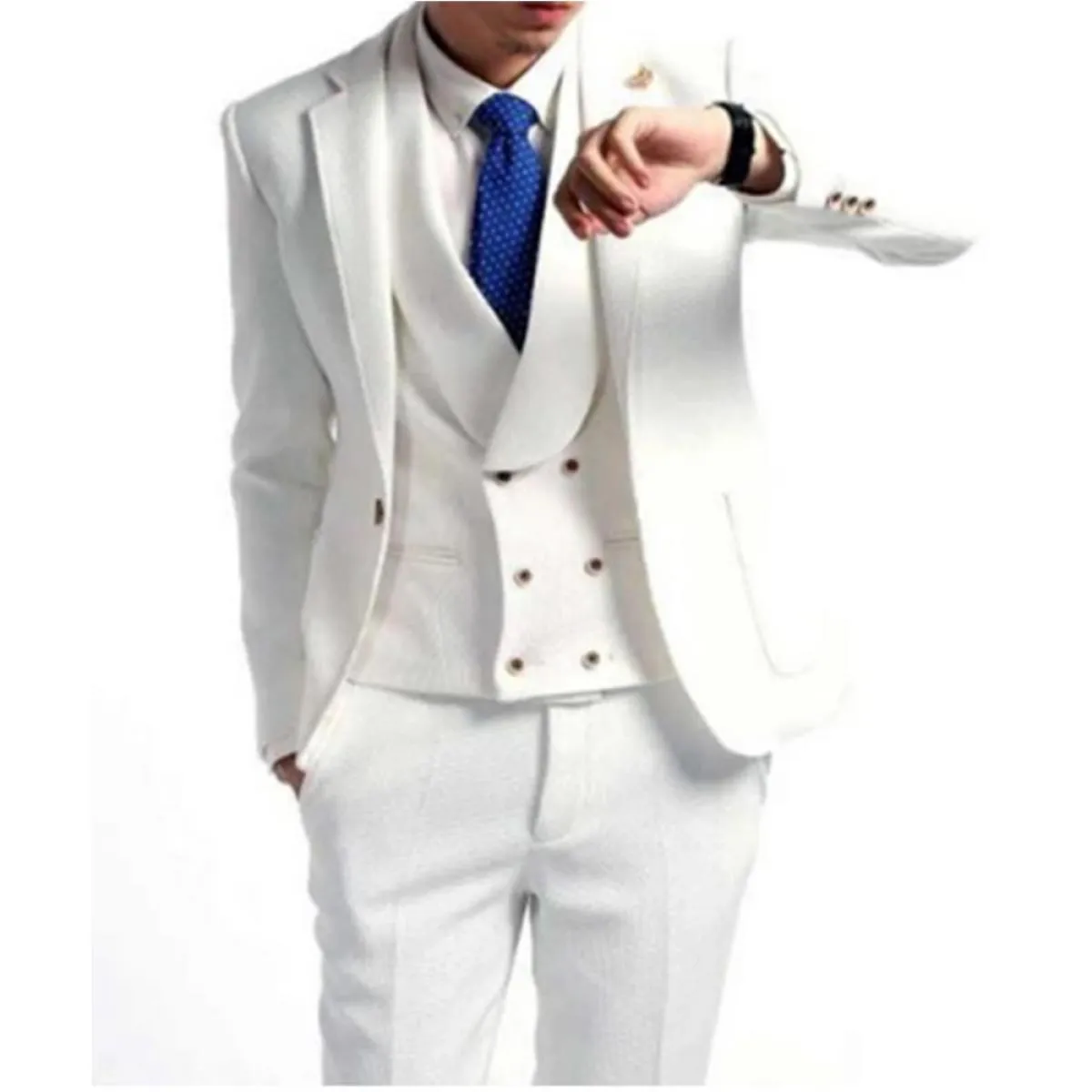 Smoking da sposo bianco per abiti da ballo da uomo slim fit gilet doppiopetto a 3 pezzi con pantaloni moda maschile Blaz