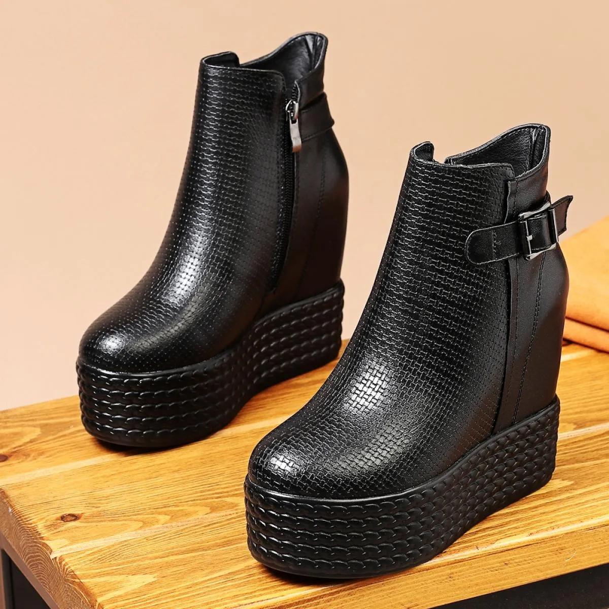 Stivaletti con zeppa semplici da donna con tacco alto spesso in vera pelle da donna eleganti Stivaletti con zeppa semplici dal d