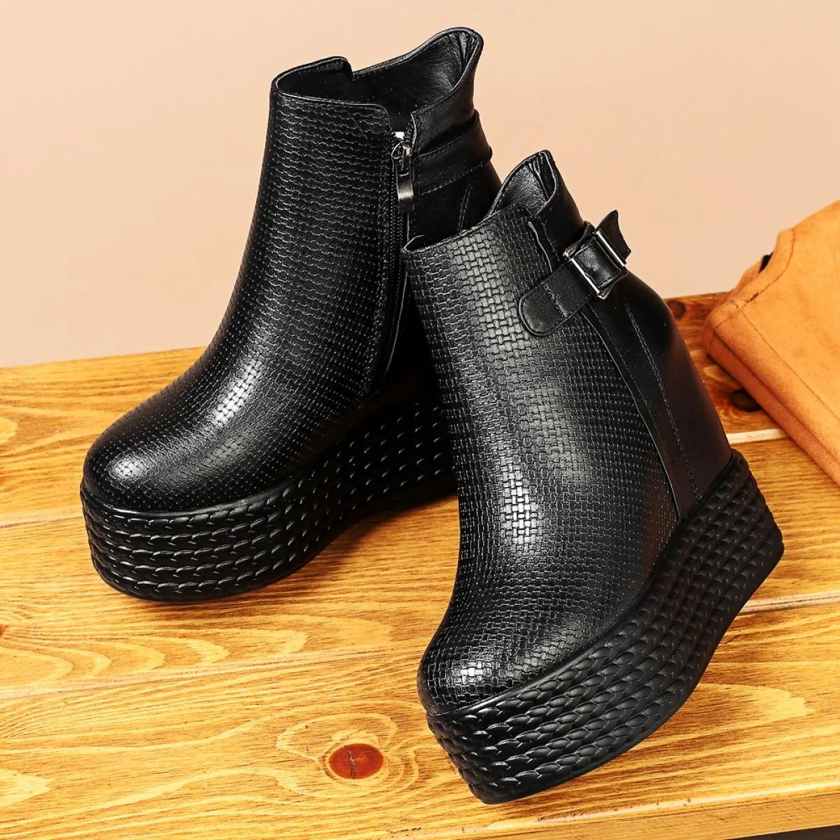 Stivaletti con zeppa semplici da donna con tacco alto spesso in vera pelle da donna eleganti Stivaletti con zeppa semplici dal d