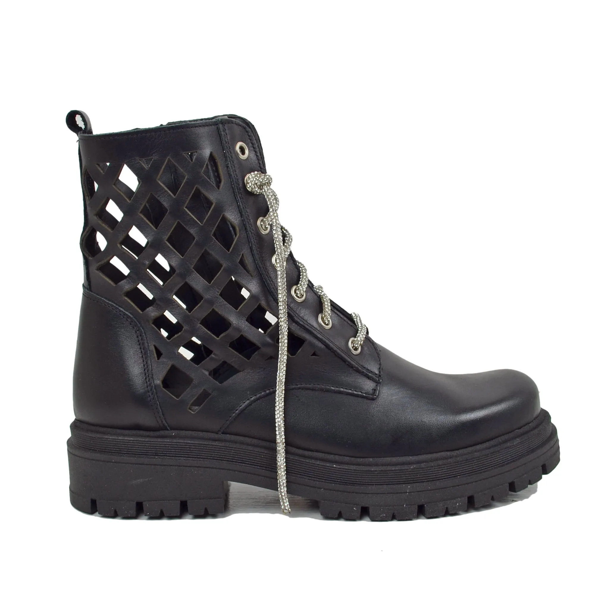 Stivaletti Donna Biker Neri in Pelle Traforata Made in Italy