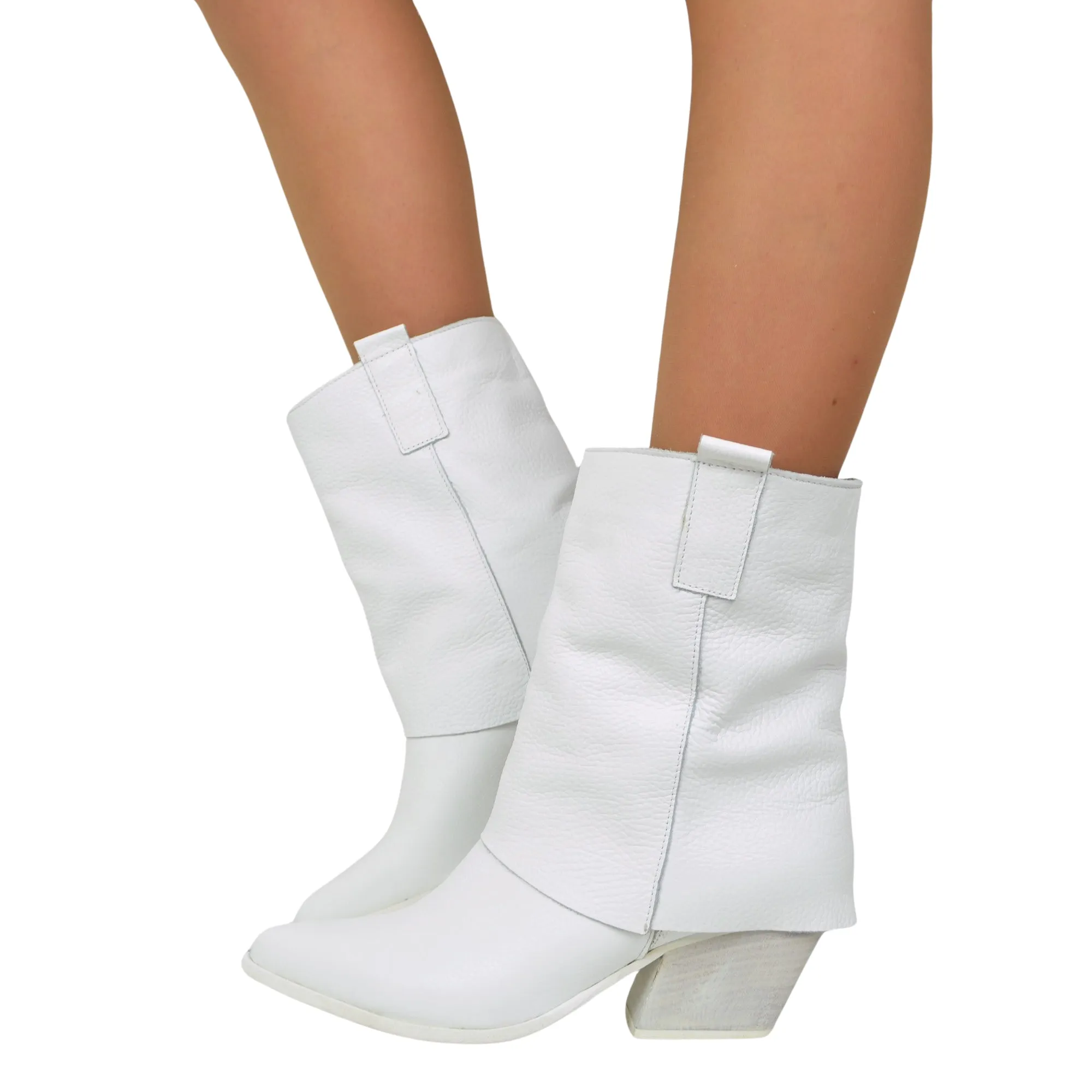 Stivaletti Texani Donna con Ghetta alla Caviglia in Pelle Bianca