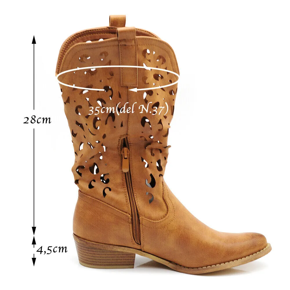 Stivali Donna Camperos Texani Traforati Etnici Stivaletti Biker cowboy G629