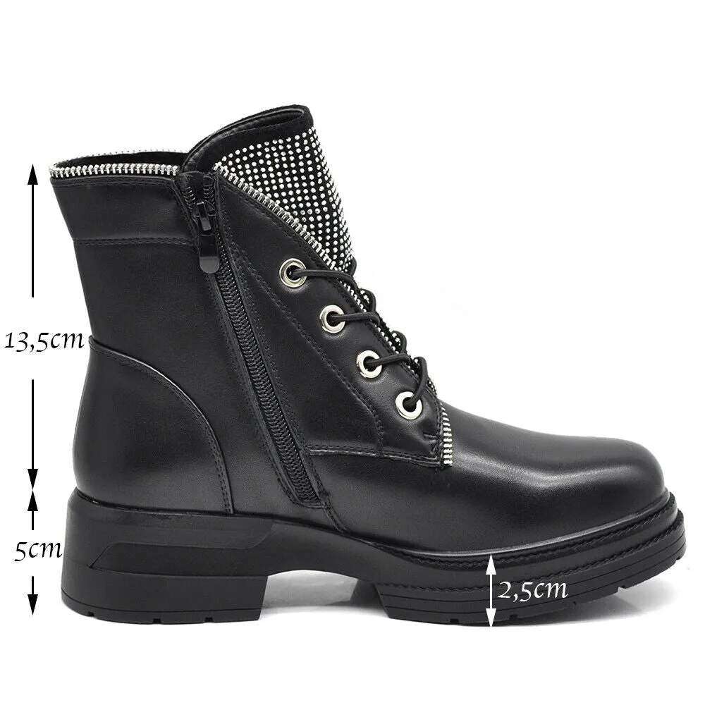 Stivali Stivaletti Donna Motociclista Anfivi Scarponcini Lacci strass Zip 6633