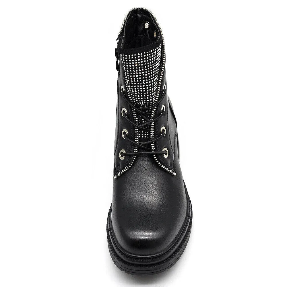 Stivali Stivaletti Donna Motociclista Anfivi Scarponcini Lacci strass Zip 6633