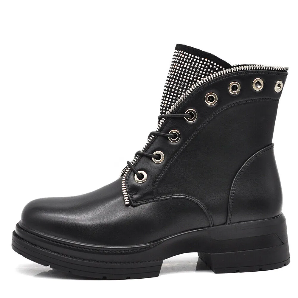 Stivali Stivaletti Donna Motociclista Anfivi Scarponcini Lacci strass Zip 6633