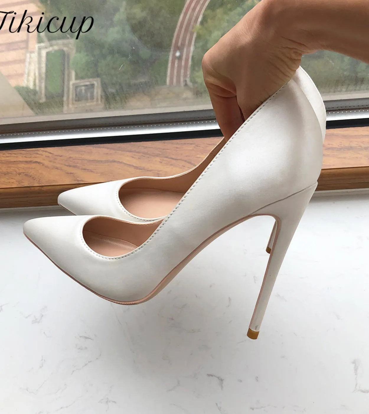 Tikicup Donna Punta a punta in raso bianco 8cm 10cm 12cm Tacco alto Abito da sposa Scarpe Eleganti da donna Slip On Décolleté a