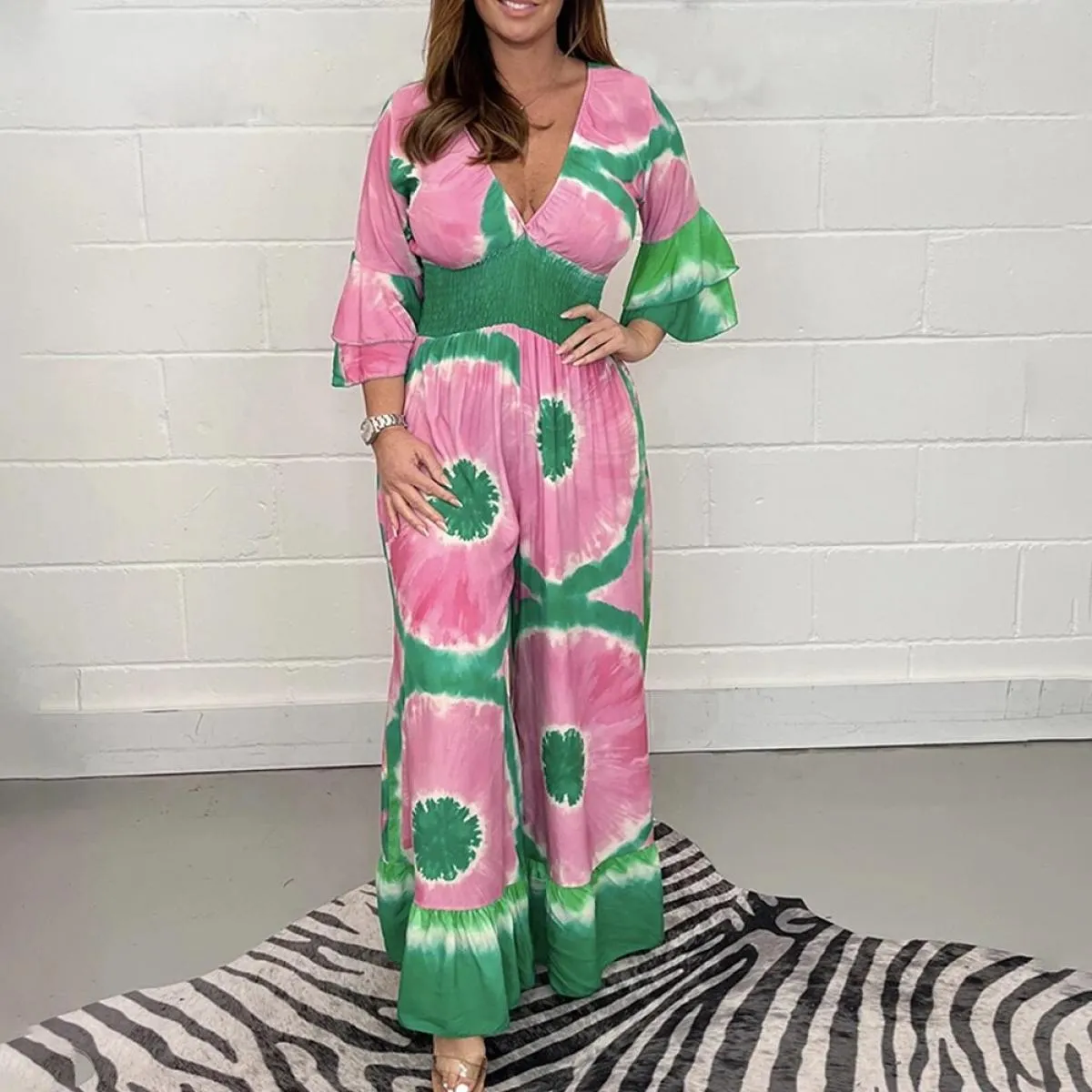 Tuta intera da donna 2024 Summer Vacation Beach Vita alta manica corta tuta tuta slim ampia gamba larga