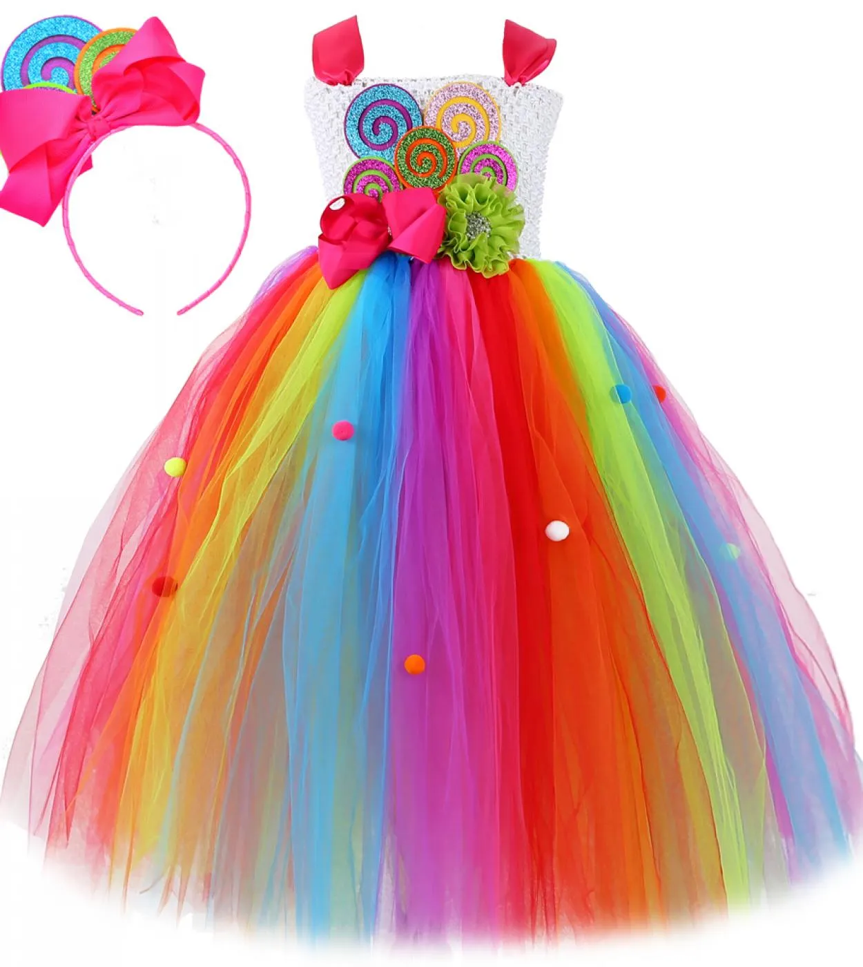 Vestito da tutu di caramelle arcobaleno per ragazze Costume da lecca-lecca per bambini con fiocco Abiti da principessa per ragaz