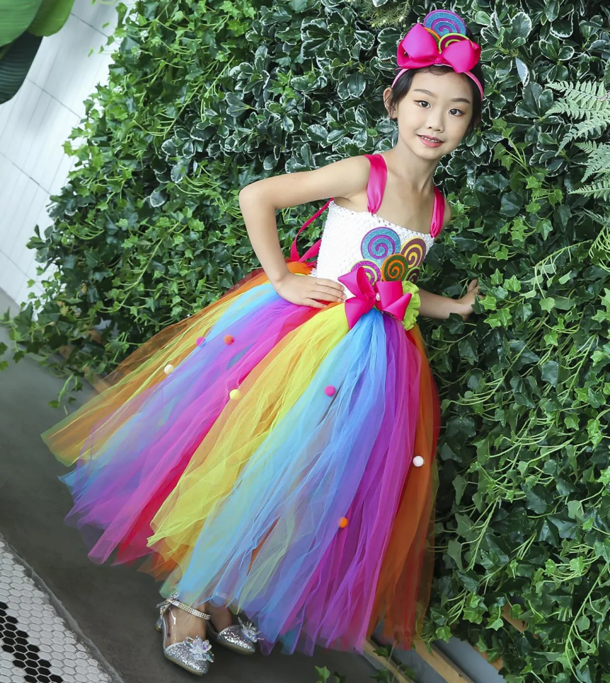 Vestito da tutu di caramelle arcobaleno per ragazze Costume da lecca-lecca per bambini con fiocco Abiti da principessa per ragaz