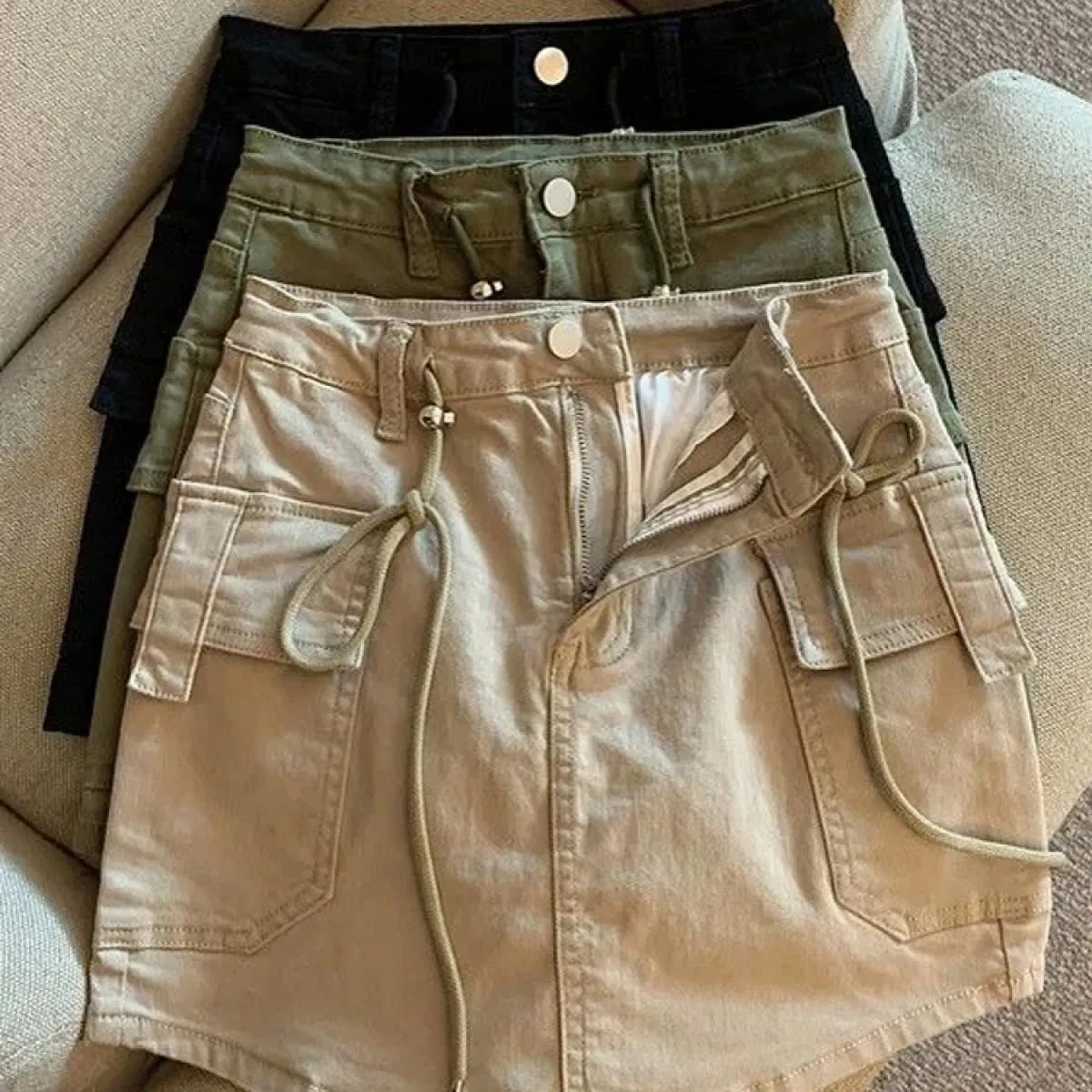 Zoki moda denim mini gonna cargo donna estate vita alta coulisse grandi tasche gonna jeans stile preppy gonna casual