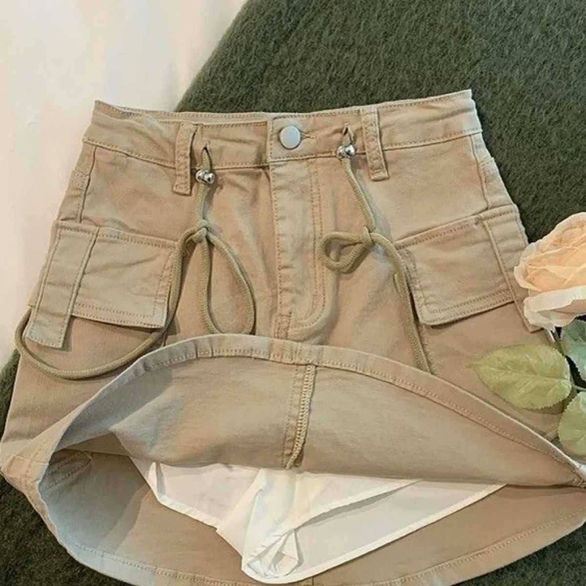Zoki moda denim mini gonna cargo donna estate vita alta coulisse grandi tasche gonna jeans stile preppy gonna casual